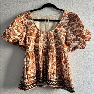 Anthropologie Terracotta and Cream Patterned Blouse